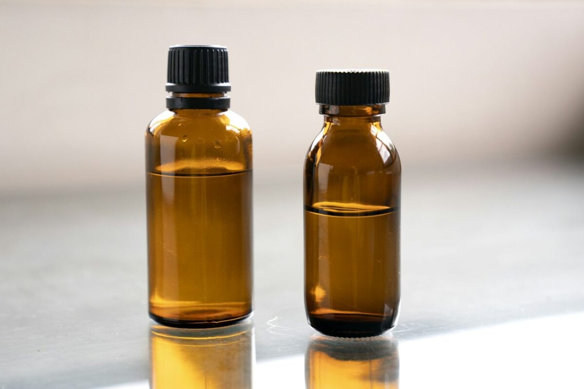 Amber glass bottles of essential oil